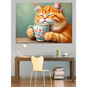 Çay İçen Mutlu Kedi Dekoratif Kanvas - Mdf Ahşap Tablo