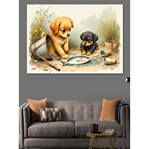 Şirin Yavru Köpekler Dekoratif Kanvas - Mdf Ahşap Tablo