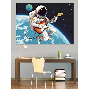 Uzayda Gitar Çalan Astronot Dekoratif Kanvas - Mdf Ahşap Tablo