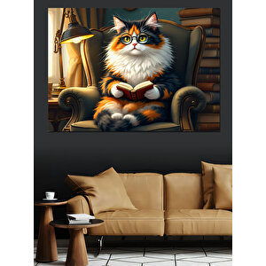 Kitap Okuyan Tüylü Kedi Dekoratif Kanvas - Mdf Ahşap Tablo