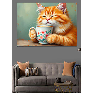 Çay İçen Mutlu Kedi Dekoratif Kanvas - Mdf Ahşap Tablo
