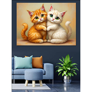 Sarılan Sevimli Kediler Dekoratif Kanvas - Mdf Ahşap Tablo 35x50 cm