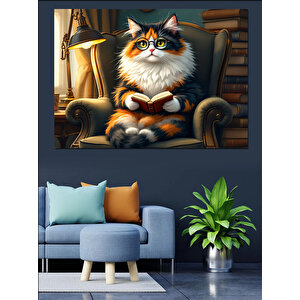 Kitap Okuyan Tüylü Kedi Dekoratif Kanvas - Mdf Ahşap Tablo 35x50 cm