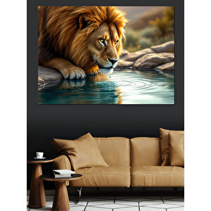 Suyun Yansımasına Bakan Aslan Dekoratif Kanvas - Mdf Ahşap Tablo 25x35 cm