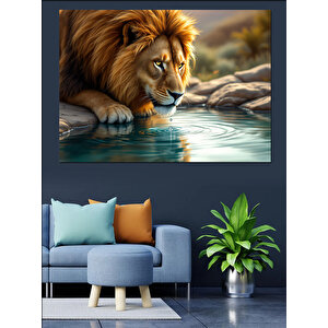 Suyun Yansımasına Bakan Aslan Dekoratif Kanvas - Mdf Ahşap Tablo 25x35 cm