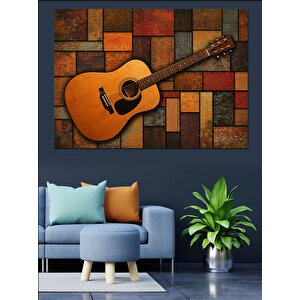 Tahta Zeminli Klasik Gitar Dekoratif Kanvas - Mdf Ahşap Tablo 50x70 cm
