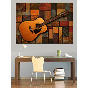 Tahta Zeminli Klasik Gitar Dekoratif Kanvas - Mdf Ahşap Tablo