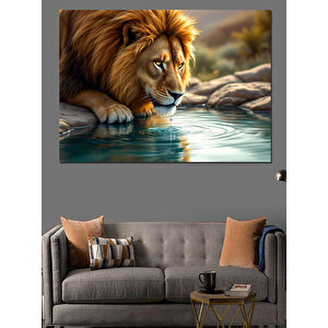 Suyun Yansımasına Bakan Aslan Dekoratif Kanvas - Mdf Ahşap Tablo 50x70 cm