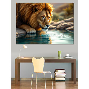 Suyun Yansımasına Bakan Aslan Dekoratif Kanvas - Mdf Ahşap Tablo