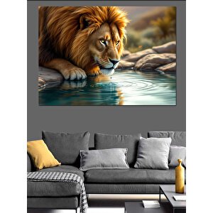 Suyun Yansımasına Bakan Aslan Dekoratif Kanvas - Mdf Ahşap Tablo