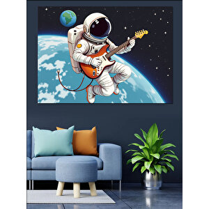 Uzayda Gitar Çalan Astronot Dekoratif Kanvas - Mdf Ahşap Tablo 70x100 cm
