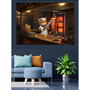 Döner Kesen Kedi Dekoratif Kanvas - Mdf Ahşap Tablo 35x50 cm