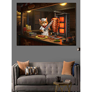 Döner Kesen Kedi Dekoratif Kanvas - Mdf Ahşap Tablo 35x50 cm