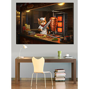 Döner Kesen Kedi Dekoratif Kanvas - Mdf Ahşap Tablo 35x50 cm