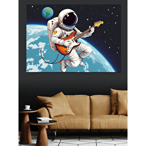 Uzayda Gitar Çalan Astronot Dekoratif Kanvas - Mdf Ahşap Tablo 35x50 cm