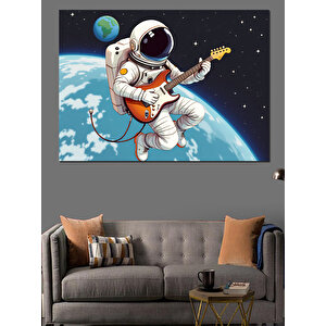 Uzayda Gitar Çalan Astronot Dekoratif Kanvas - Mdf Ahşap Tablo 35x50 cm
