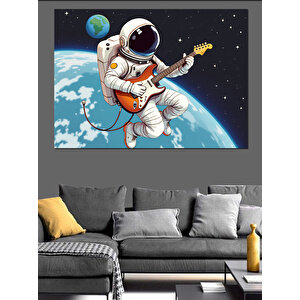 Uzayda Gitar Çalan Astronot Dekoratif Kanvas - Mdf Ahşap Tablo