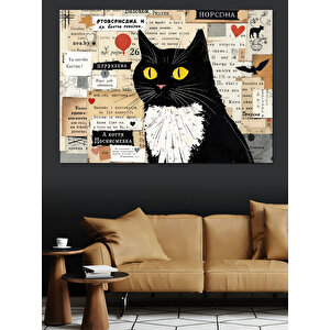 Gazete Kolajlı Kedi Dekoratif Kanvas - Mdf Ahşap Tablo