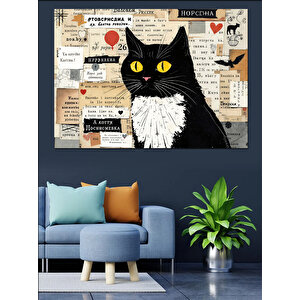 Gazete Kolajlı Kedi Dekoratif Kanvas - Mdf Ahşap Tablo