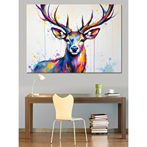 Renkli Geyik Çizimi Dekoratif Kanvas - Mdf Ahşap Tablo 50x70 cm