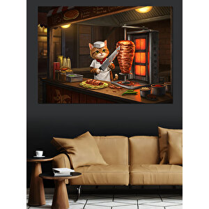 Döner Kesen Kedi Dekoratif Kanvas - Mdf Ahşap Tablo