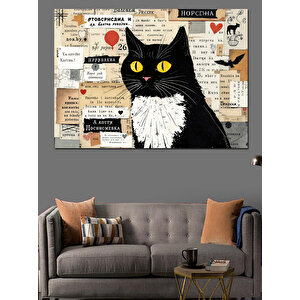 Gazete Kolajlı Kedi Dekoratif Kanvas - Mdf Ahşap Tablo 50x70 cm