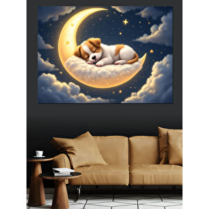 Ay Üzerinde Uyuyan Köpek Dekoratif Kanvas - Mdf Ahşap Tablo 100x140 cm