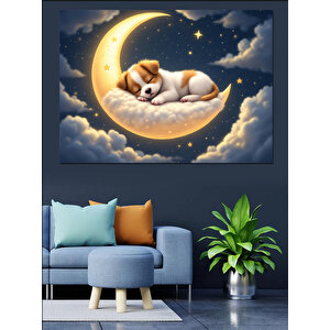 Ay Üzerinde Uyuyan Köpek Dekoratif Kanvas - Mdf Ahşap Tablo 100x140 cm