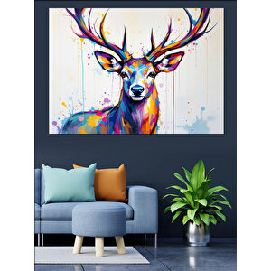 Renkli Geyik Çizimi Dekoratif Kanvas - Mdf Ahşap Tablo