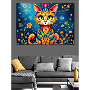 Renkli Detaylı Kedi İllüstrasyonu Dekoratif Kanvas - Mdf Ahşap Tablo 35x50 cm