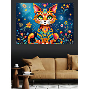 Renkli Detaylı Kedi İllüstrasyonu Dekoratif Kanvas - Mdf Ahşap Tablo 35x50 cm