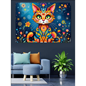 Renkli Detaylı Kedi İllüstrasyonu Dekoratif Kanvas - Mdf Ahşap Tablo 35x50 cm