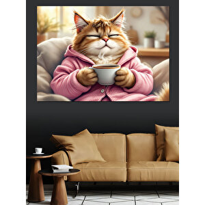Kahve İçen Tüylü Kedi Dekoratif Kanvas - Mdf Ahşap Tablo 50x70 cm