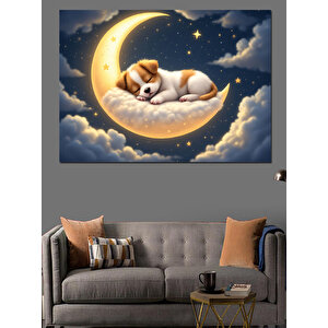 Ay Üzerinde Uyuyan Köpek Dekoratif Kanvas - Mdf Ahşap Tablo