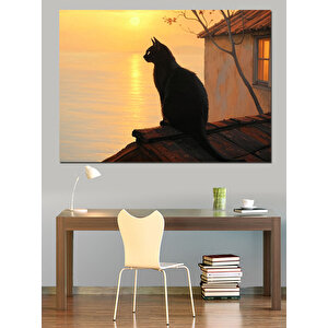 Günbatımında Çatı Kedisi Dekoratif Kanvas - Mdf Ahşap Tablo 25x35 cm