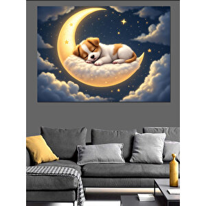 Ay Üzerinde Uyuyan Köpek Dekoratif Kanvas - Mdf Ahşap Tablo 70x100 cm