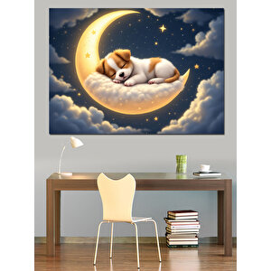 Ay Üzerinde Uyuyan Köpek Dekoratif Kanvas - Mdf Ahşap Tablo