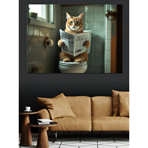 Gazete Okuyan Kedi Dekoratif Kanvas - Mdf Ahşap Tablo 50x70 cm