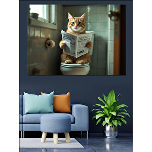 Gazete Okuyan Kedi Dekoratif Kanvas - Mdf Ahşap Tablo 35x50 cm
