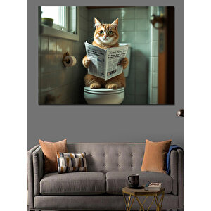 Gazete Okuyan Kedi Dekoratif Kanvas - Mdf Ahşap Tablo 35x50 cm