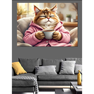 Kahve İçen Tüylü Kedi Dekoratif Kanvas - Mdf Ahşap Tablo 70x100 cm