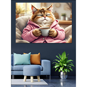 Kahve İçen Tüylü Kedi Dekoratif Kanvas - Mdf Ahşap Tablo