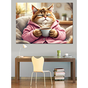 Kahve İçen Tüylü Kedi Dekoratif Kanvas - Mdf Ahşap Tablo 35x50 cm