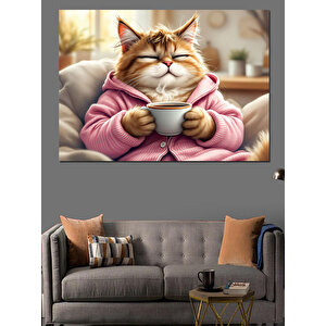 Kahve İçen Tüylü Kedi Dekoratif Kanvas - Mdf Ahşap Tablo