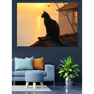 Günbatımında Çatı Kedisi Dekoratif Kanvas - Mdf Ahşap Tablo 35x50 cm