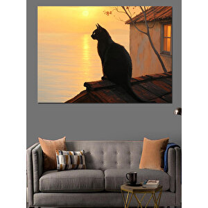 Günbatımında Çatı Kedisi Dekoratif Kanvas - Mdf Ahşap Tablo 35x50 cm