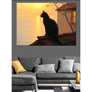 Günbatımında Çatı Kedisi Dekoratif Kanvas - Mdf Ahşap Tablo