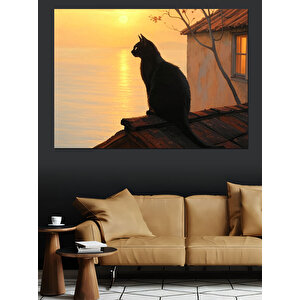Günbatımında Çatı Kedisi Dekoratif Kanvas - Mdf Ahşap Tablo