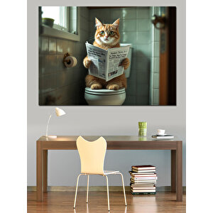 Gazete Okuyan Kedi Dekoratif Kanvas - Mdf Ahşap Tablo