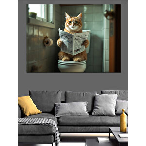 Gazete Okuyan Kedi Dekoratif Kanvas - Mdf Ahşap Tablo